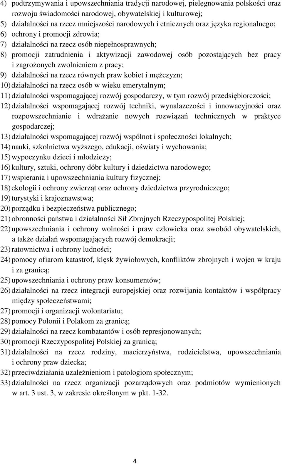 zagrożonych zwolnieniem z pracy; 9) działalności na rzecz równych praw kobiet i mężczyzn; 10) działalności na rzecz osób w wieku emerytalnym; 11) działalności wspomagającej rozwój gospodarczy, w tym