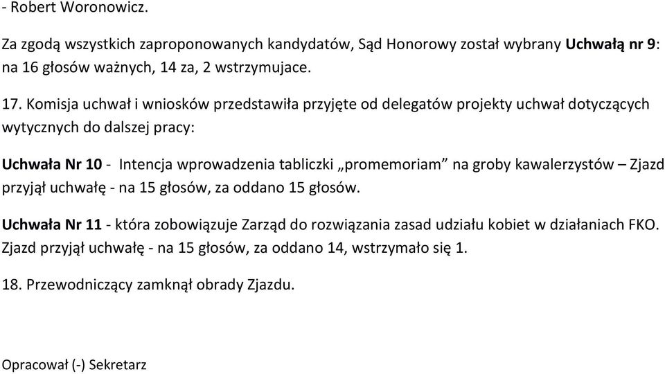 tabliczki promemoriam na groby kawalerzystów Zjazd przyjął uchwałę - na 15 głosów, za oddano 15 głosów.