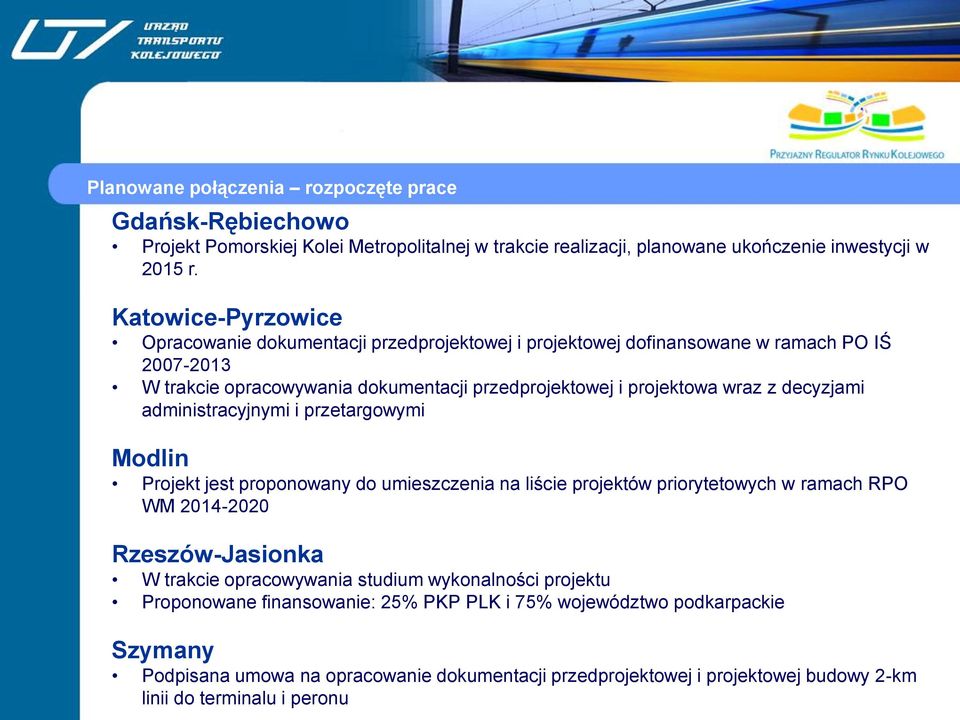 decyzjami administracyjnymi i przetargowymi Modlin Projekt jest proponowany do umieszczenia na liście projektów priorytetowych w ramach RPO WM 2014-2020 Rzeszów-Jasionka W trakcie
