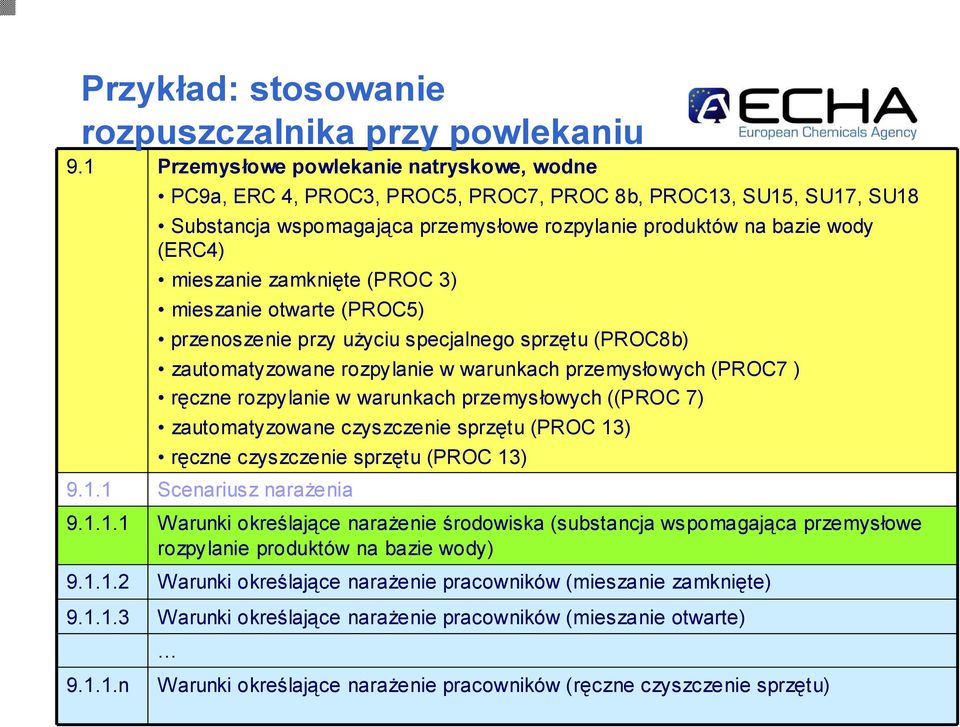 zamknięte (PROC 3) mieszanie otwarte (PROC5) przenoszenie przy użyciu specjalnego sprzętu (PROC8b) zautomatyzowane rozpylanie w warunkach przemysłowych (PROC7 ) ręczne rozpylanie w warunkach