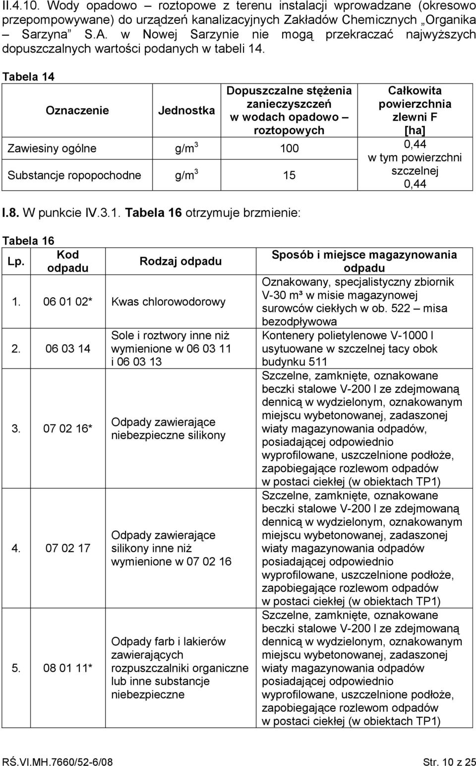 Tabela 14 Oznaczenie Jednostka Dopuszczalne stężenia zanieczyszczeń w wodach opadowo roztopowych Całkowita powierzchnia zlewni F [ha] Zawiesiny ogólne g/m 3 100 0,44 w tym powierzchni Substancje