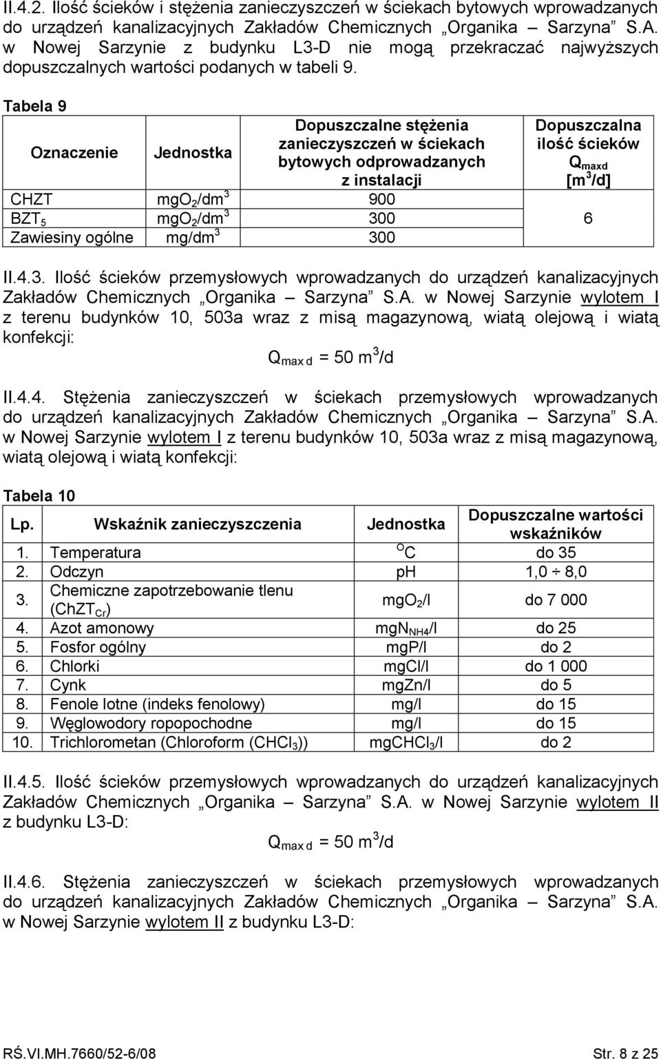 Tabela 9 Oznaczenie Jednostka Dopuszczalne stężenia zanieczyszczeń w ściekach bytowych odprowadzanych z instalacji CHZT mgo 2 /dm 3 900 BZT 5 mgo 2 /dm 3 300 Zawiesiny ogólne mg/dm 3 300 Dopuszczalna