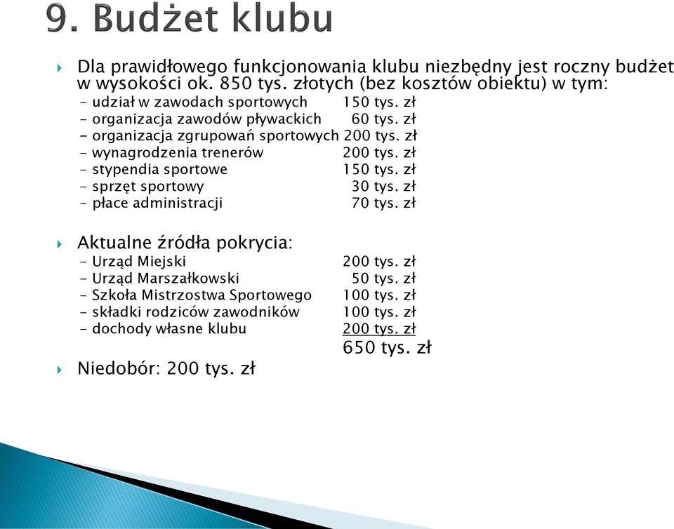zł - organizacja zgrupowań sportowych 200 tys. zł - wynagrodzenia trenerów 200 tys. zł - stypendia sportowe 150 tys. zł - sprzęt sportowy 30 tys.
