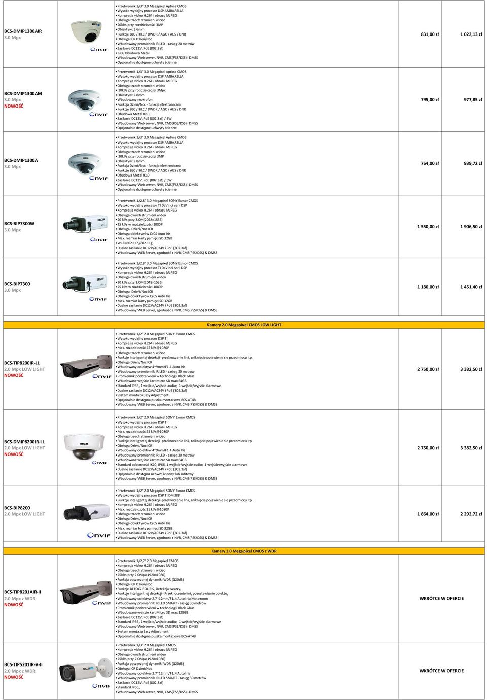 8mm Funkcja Dzień/Noc - funkcja elektroniczna Funkcje BLC / HLC / DWDR / AGC / AES / DNR Obudowa Metal IK10 / 5W 831,00 zł 1 022,13 zł 795,00 zł 977,85 zł 764,00 zł 939,72 zł BCS-BIP7300W Przetwornik