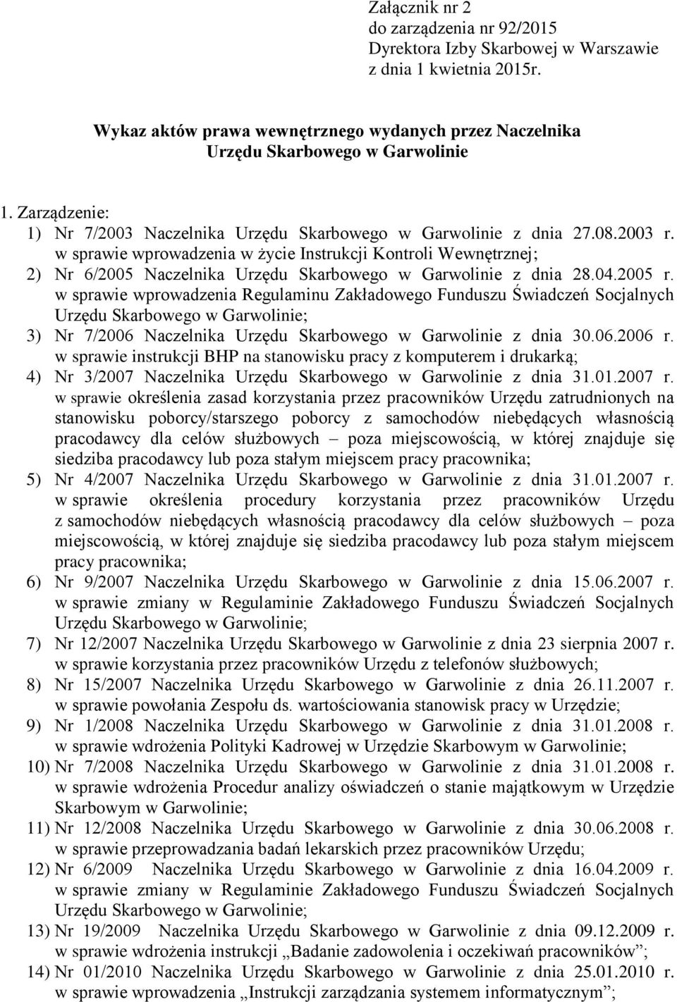 w sprawie wprowadzenia w życie Instrukcji Kontroli Wewnętrznej; 2) Nr 6/2005 Naczelnika Urzędu Skarbowego w Garwolinie z dnia 28.04.2005 r.