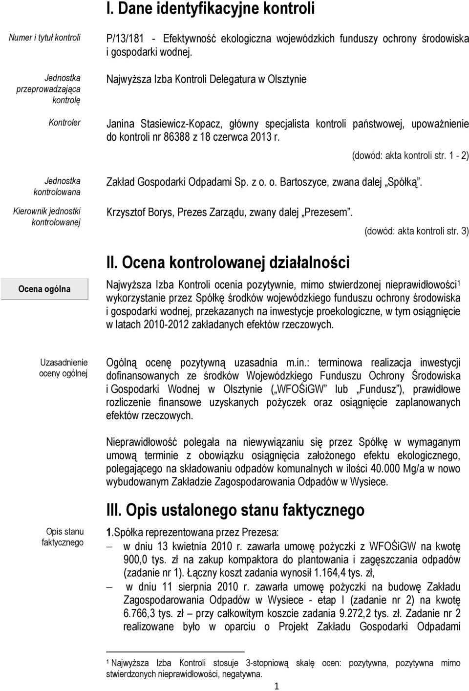 (dowód: akta kontroli str. 1-2) Zakład Gospodarki Odpadami Sp. z o. o. Bartoszyce, zwana dalej Spółką. Kierownik jednostki kontrolowanej Krzysztof Borys, Prezes Zarządu, zwany dalej Prezesem.