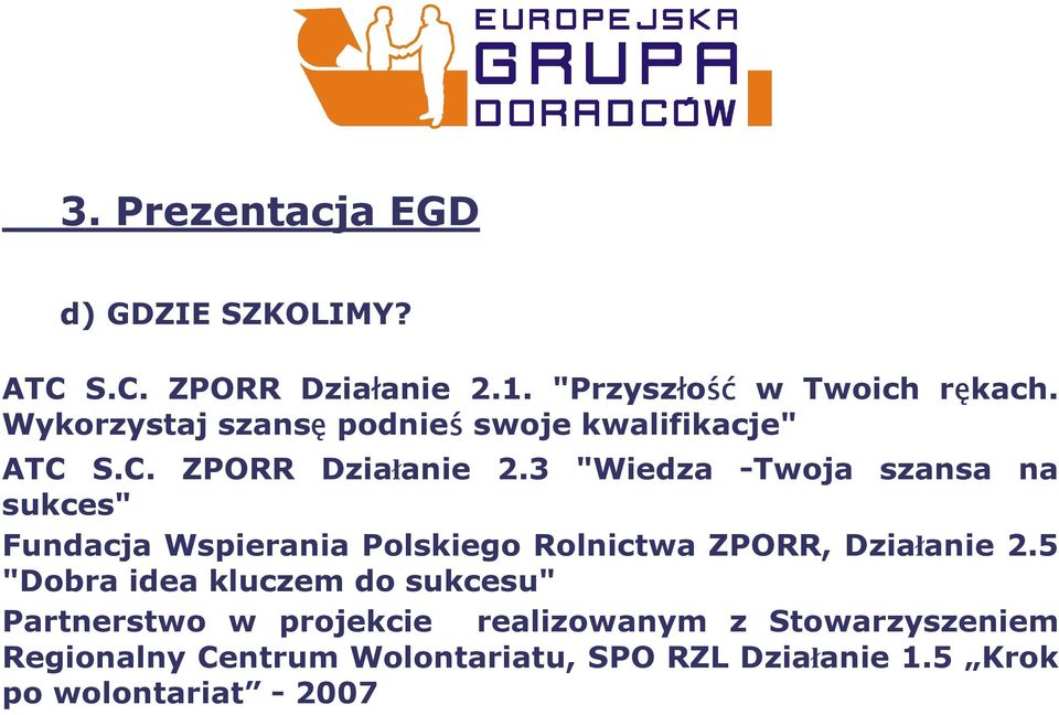 3 "Wiedza -Twoja szansa na sukces" Fundacja Wspierania Polskiego Rolnictwa ZPORR, Działanie 2.