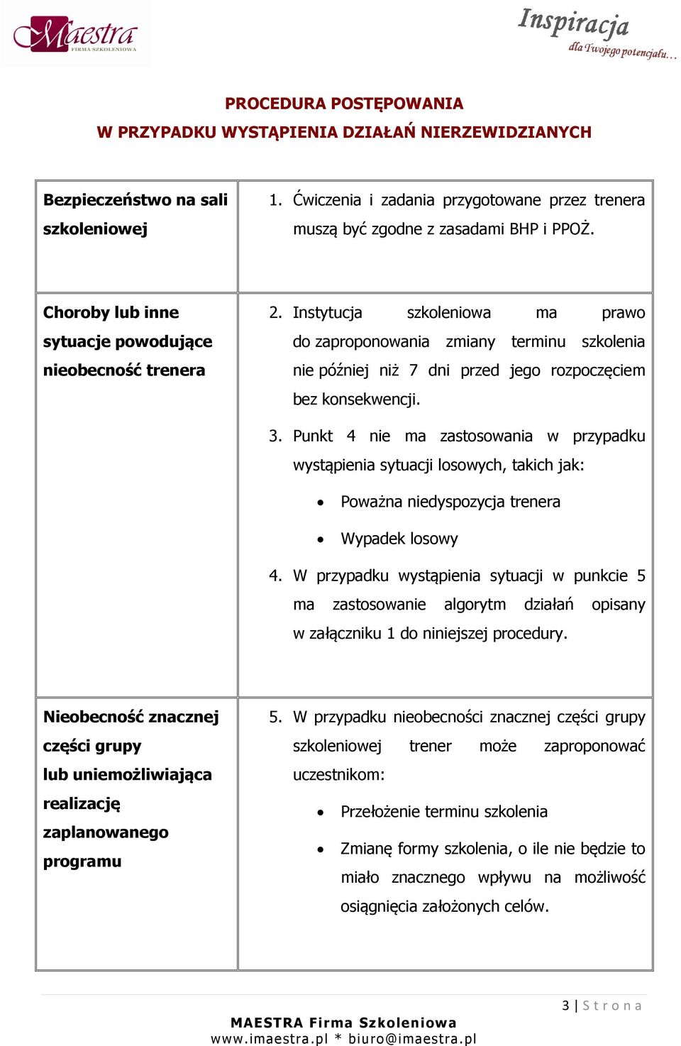 3. Punkt 4 nie ma zastosowania w przypadku wystąpienia sytuacji losowych, takich jak: Poważna niedyspozycja trenera Wypadek losowy 4.