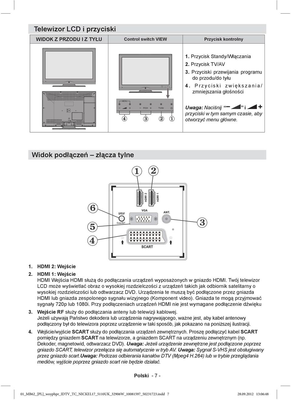 HDMI 1: Wejście HDMI Wejścia HDMI służą do podłączania urządzeń wyposażonych w gniazdo HDMI.