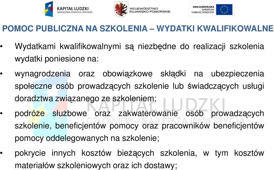 związanego ze szkoleniem; podróŝe słuŝbowe oraz zakwaterowanie osób prowadzących szkolenie, beneficjentów pomocy oraz pracowników