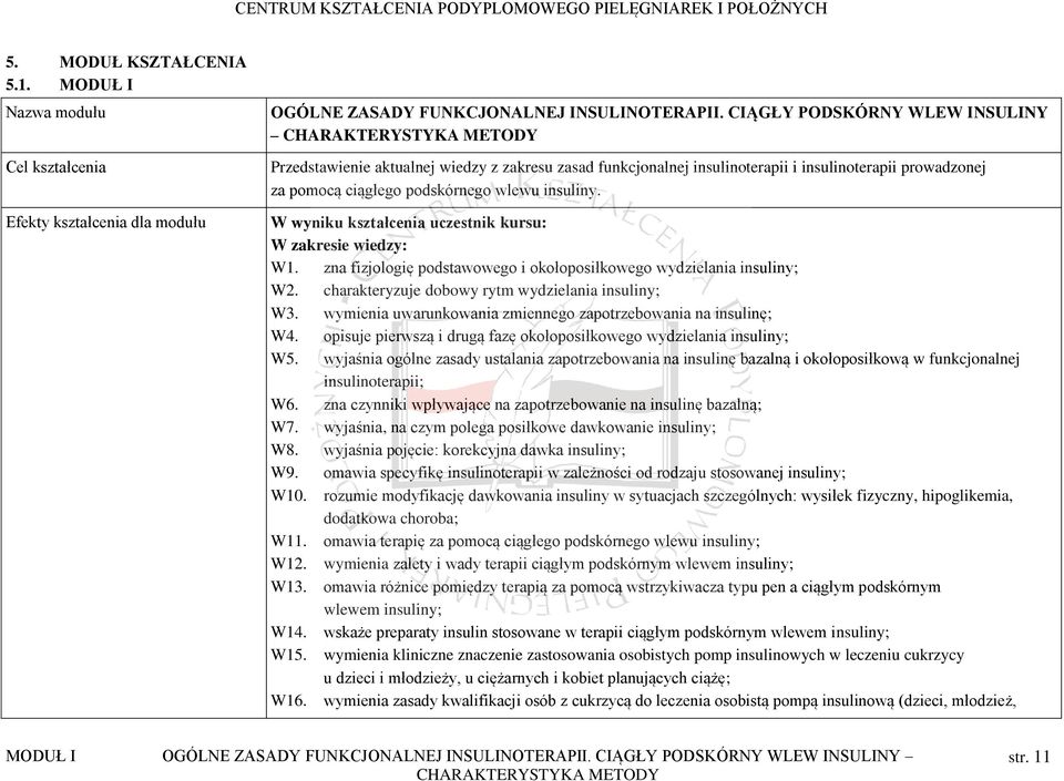 insuliny. W wyniku kształcenia uczestnik kursu: W zakresie wiedzy: W1. zna fizjologię podstawowego i okołoposiłkowego wydzielania insuliny; W2. charakteryzuje dobowy rytm wydzielania insuliny; W3.