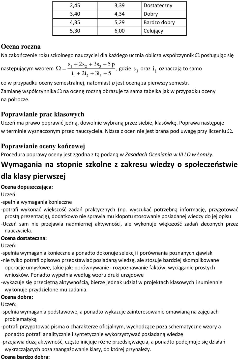 Zamianę współczynnika na ocenę roczną obrazuje ta sama tabelka jak w przypadku oceny na półrocze. Poprawianie prac klasowych Uczeń ma prawo poprawić jedną, dowolnie wybraną przez siebie, klasówkę.