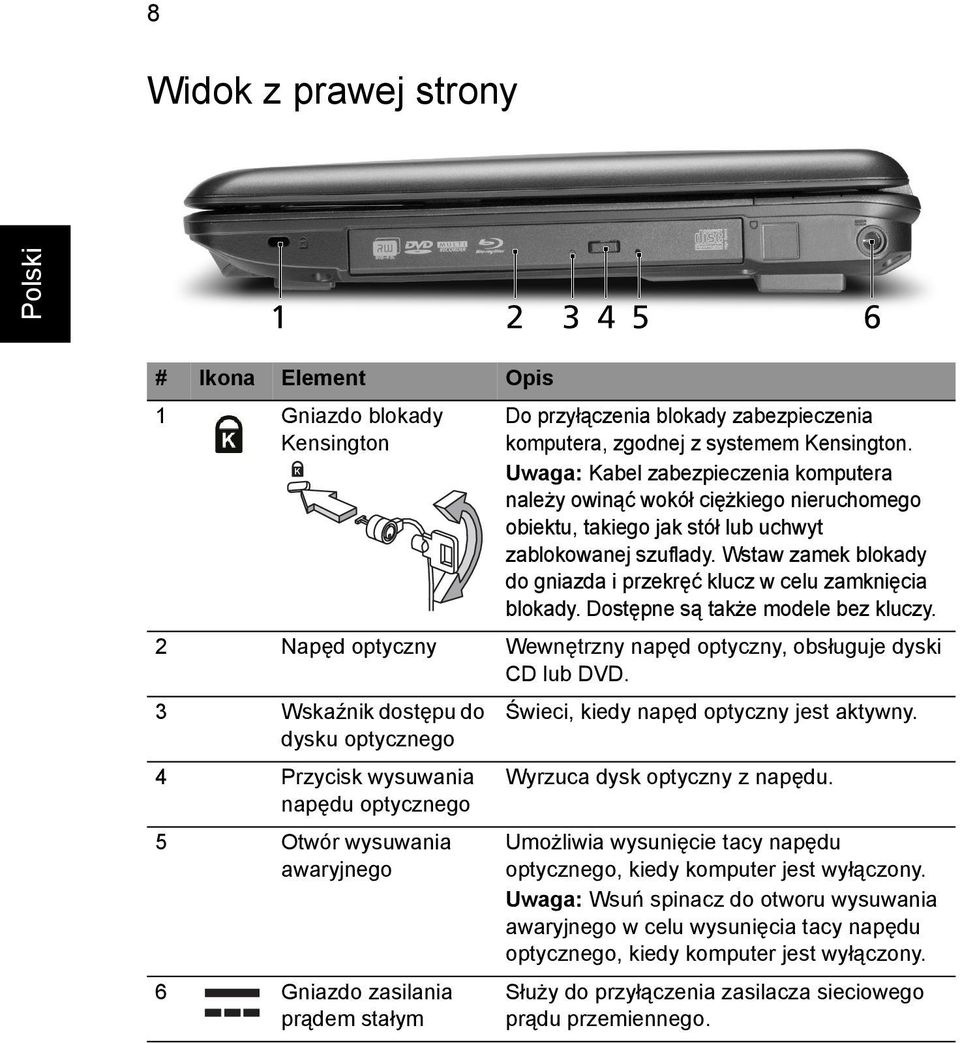 Wstaw zamek blokady do gniazda i przekręć klucz w celu zamknięcia blokady. Dostępne są także modele bez kluczy. 2 Napęd optyczny Wewnętrzny napęd optyczny, obsługuje dyski CD lub DVD.