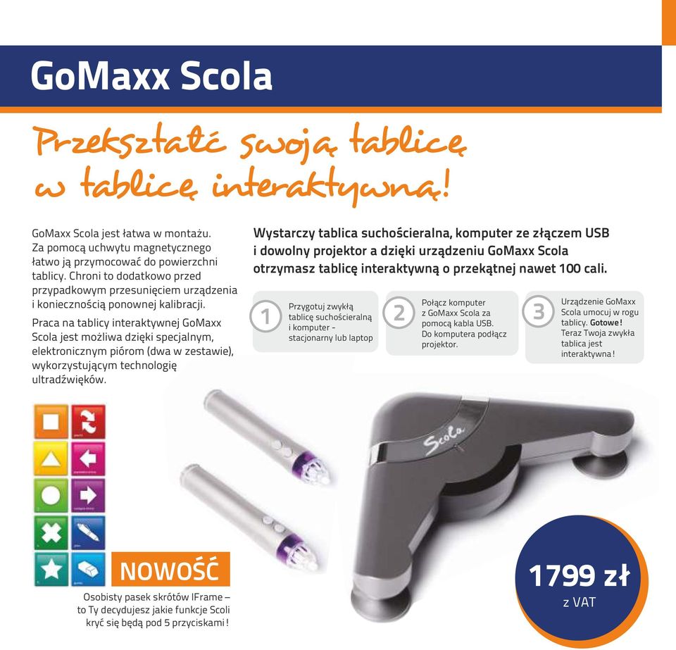 Praca na tablicy interaktywnej GoMaxx Scola jest możliwa dzięki specjalnym, elektronicznym piórom (dwa w zestawie), wykorzystującym technologię ultradźwięków.