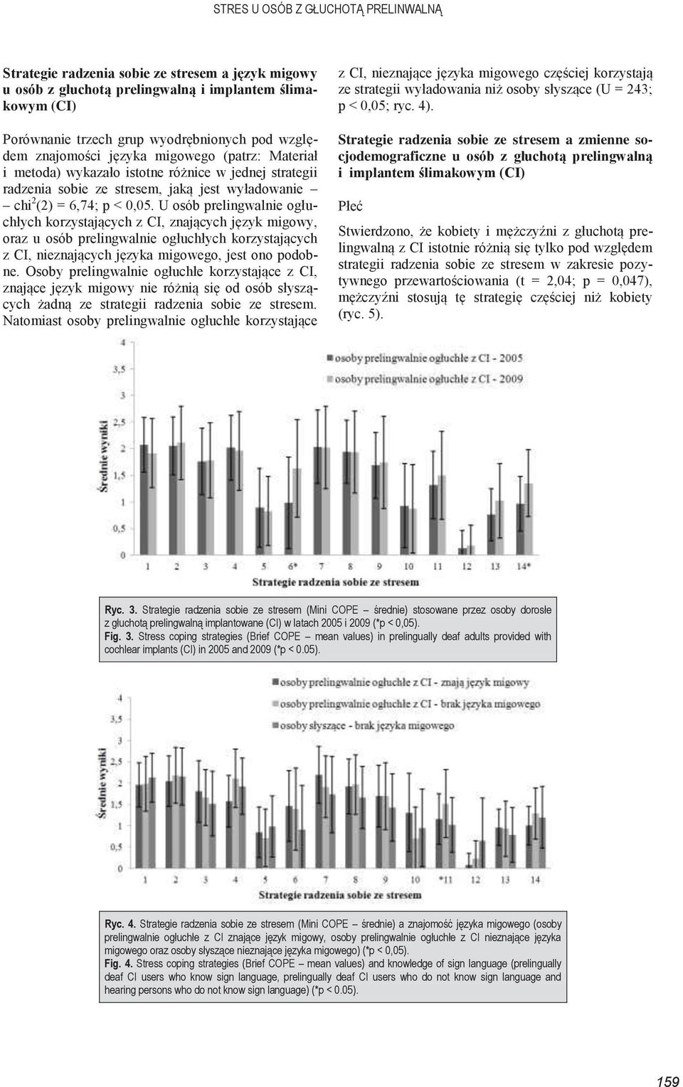 Strategie radzenia sobie ze stresem (Mini COPE średnie) stosowane przez osoby dorosłe z głuchotą prelingwalną implantowane (CI) w latach 2005 i 2009 (*p < 0,05). Fig. 3.