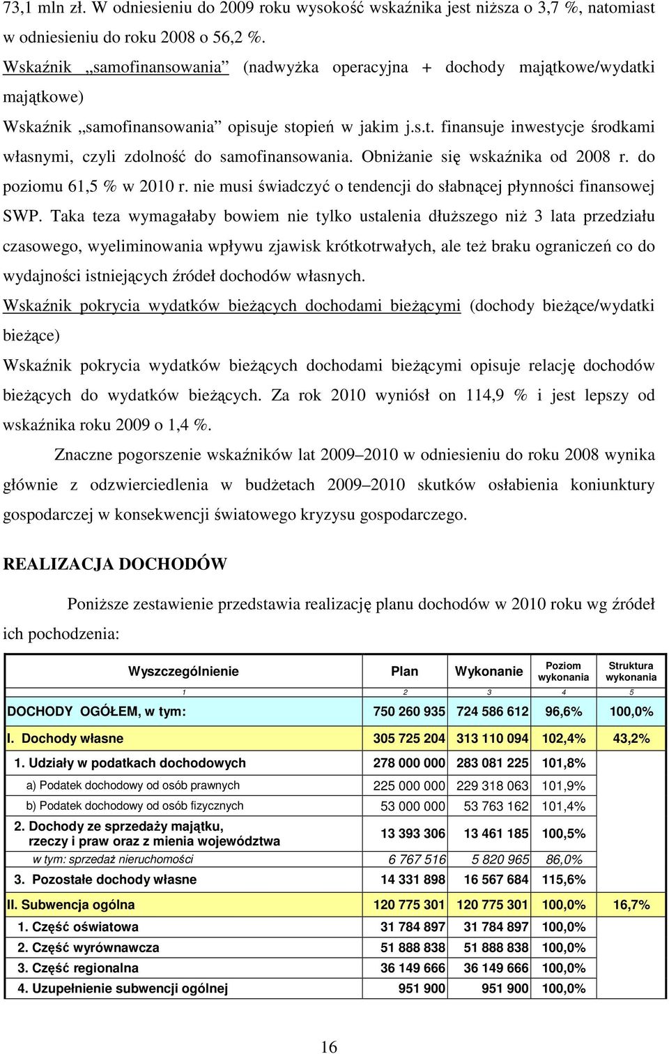 ObniŜanie się wskaźnika od 2008 r. do poziomu 61,5 % w 2010 r. nie musi świadczyć o tendencji do słabnącej płynności finansowej SWP.