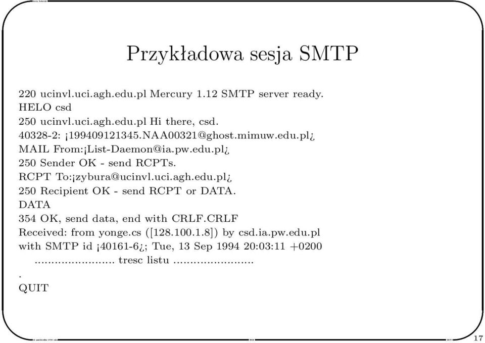 RCPT To: zybura@ucinvl.uci.agh.edu.pl 250 Recipient OK - send RCPT or DATA. DATA 354 OK, send data, end with CRLF.