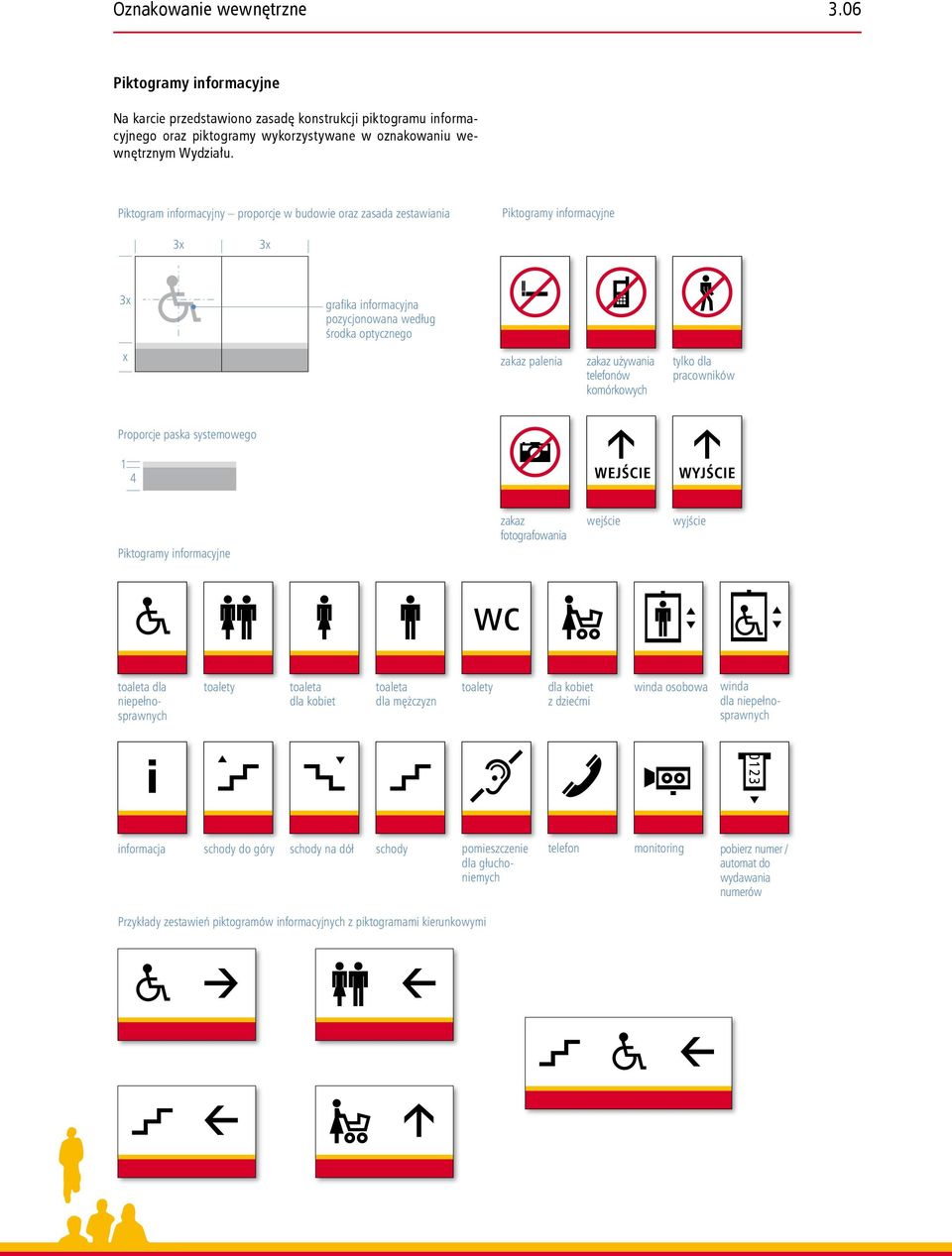 Na karcie przedstawiono zasadę konstrukcji piktogramu informacyjnego oraz piktogramy wykorzystywane w oznakowaniu wewnętrznym Wydziału.