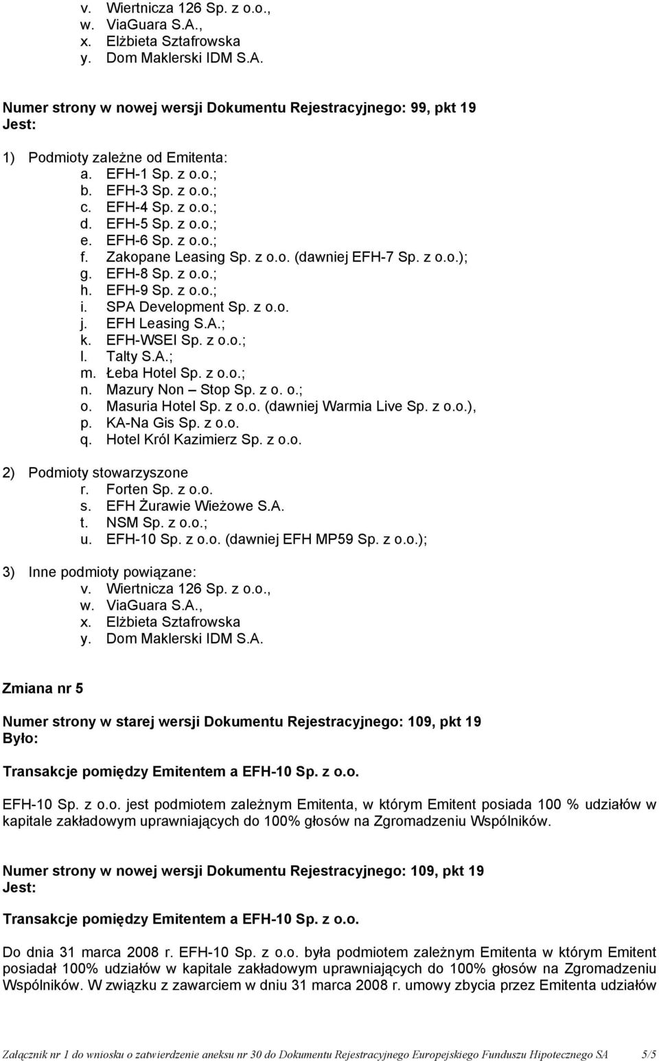 SPA Development Sp. z o.o. j. EFH Leasing S.A.; k. EFH-WSEI Sp. z o.o.; l. Talty S.A.; m. Łeba Hotel Sp. z o.o.; n. Mazury Non Stop Sp. z o. o.; o. Masuria Hotel Sp. z o.o. (dawniej Warmia Live Sp.