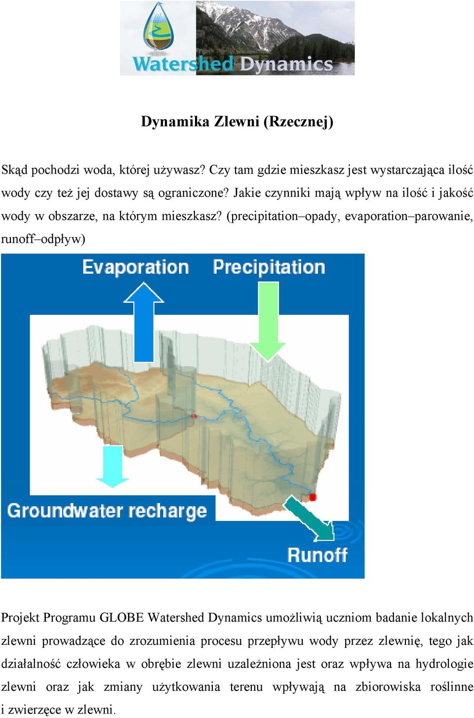 (precipitation opady, evaporation parowanie, runoff odpływ) Projekt Programu GLOBE Watershed Dynamics umożliwią uczniom badanie lokalnych zlewni prowadzące