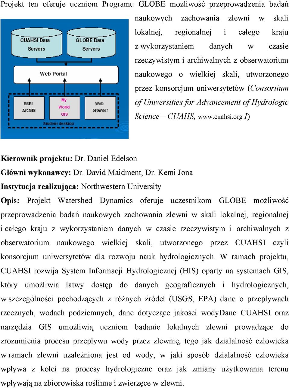 org I) Kierownik projektu: Dr. Daniel Edelson Główni wykonawcy: Dr. David Maidment, Dr.