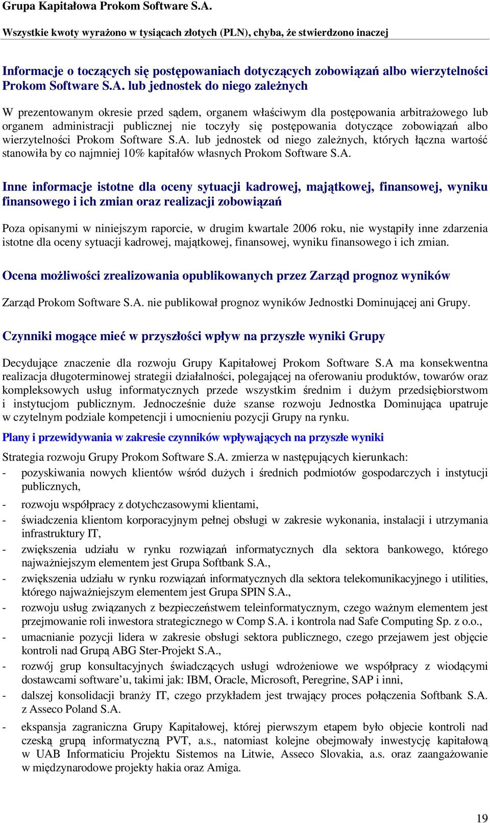 zobowiązań albo wierzytelności Prokom Software S.A.