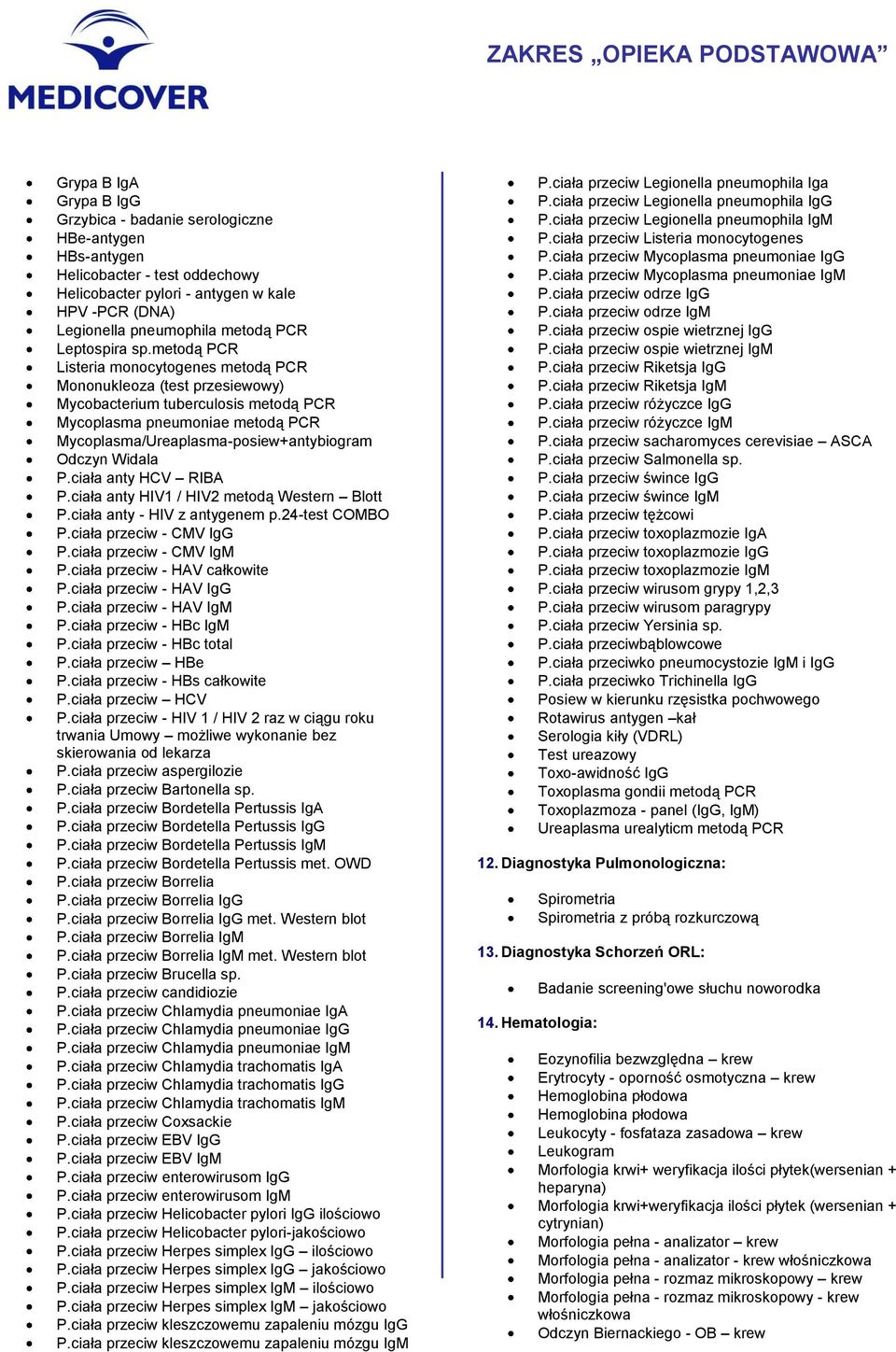 metodą PCR Listeria monocytogenes metodą PCR Mononukleoza (test przesiewowy) Mycobacterium tuberculosis metodą PCR Mycoplasma pneumoniae metodą PCR Mycoplasma/Ureaplasma-posiew+antybiogram Odczyn