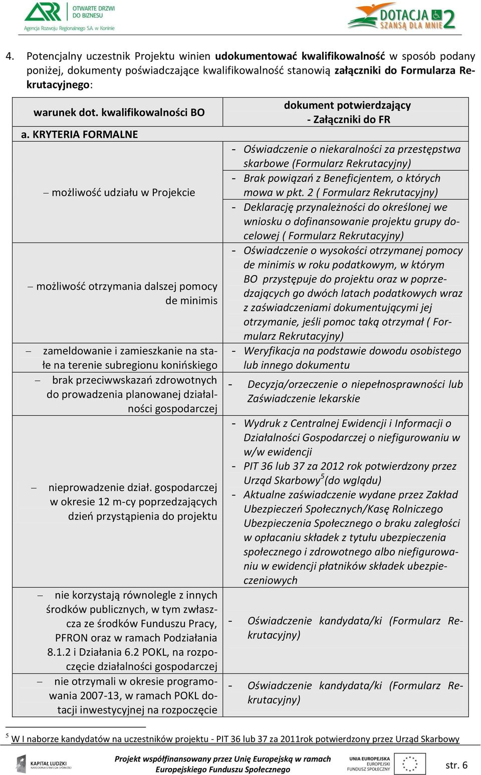 KRYTERIA FORMALNE możliwość udziału w Projekcie możliwość otrzymania dalszej pomocy de minimis zameldowanie i zamieszkanie na stałe na terenie subregionu konińskiego brak przeciwwskazań zdrowotnych