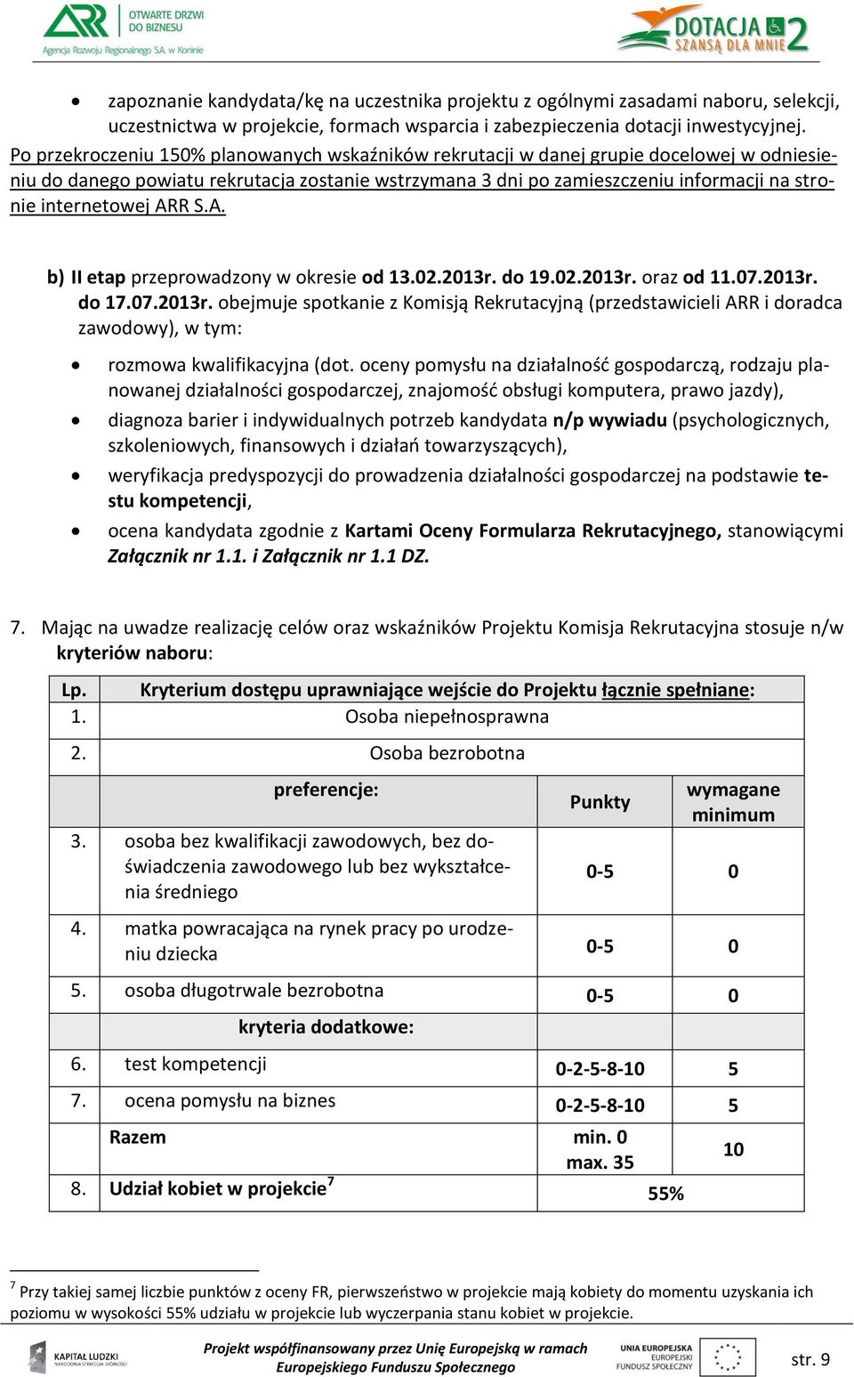internetowej ARR S.A. b) II etap przeprowadzony w okresie od 13.02.2013r. do 19.02.2013r. oraz od 11.07.2013r. do 17.07.2013r. obejmuje spotkanie z Komisją Rekrutacyjną (przedstawicieli ARR i doradca zawodowy), w tym: rozmowa kwalifikacyjna (dot.
