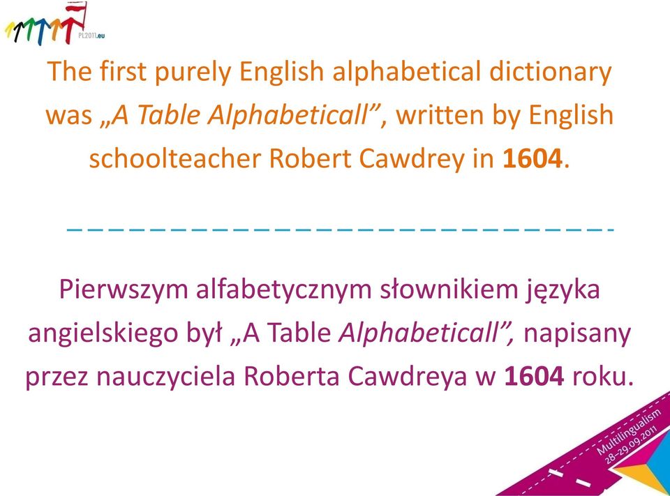 1604. Pierwszym alfabetycznym słownikiem języka angielskiego był A