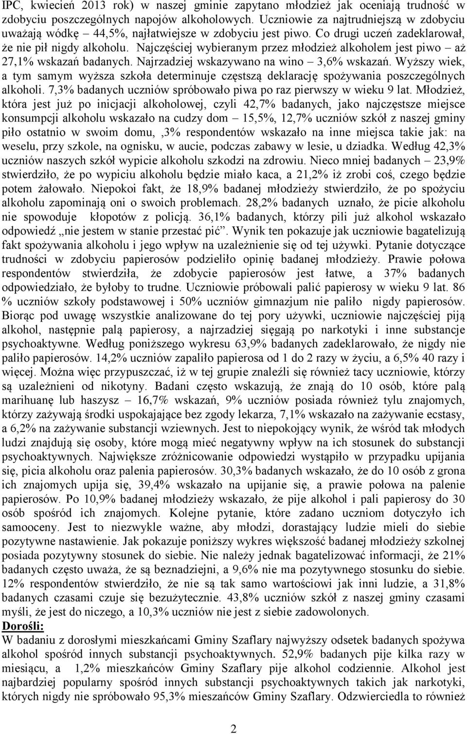 Najczęściej wybieranym przez młodzież alkoholem jest piwo aż 27,1% wskazań badanych. Najrzadziej wskazywano na wino 3,6% wskazań.