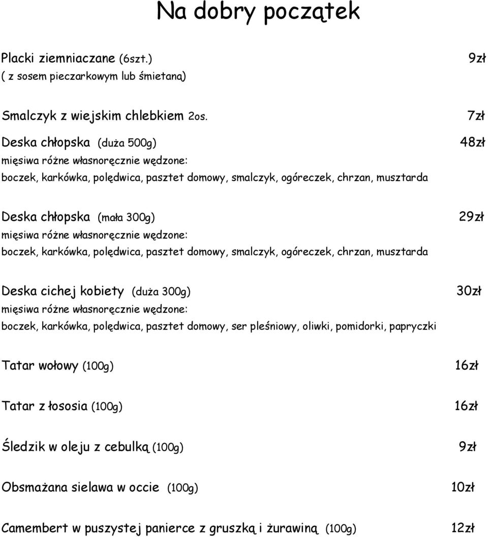 różne własnoręcznie wędzone: boczek, karkówka, polędwica, pasztet domowy, smalczyk, ogóreczek, chrzan, musztarda 2 Deska cichej kobiety (duża 300g) mięsiwa różne własnoręcznie wędzone: