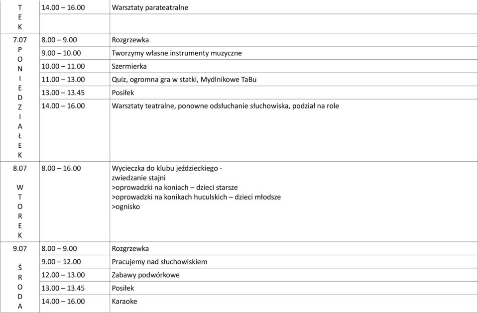 00 arsztaty teatralne, ponowne odsłuchanie słuchowiska, podział na role 8.00 16.