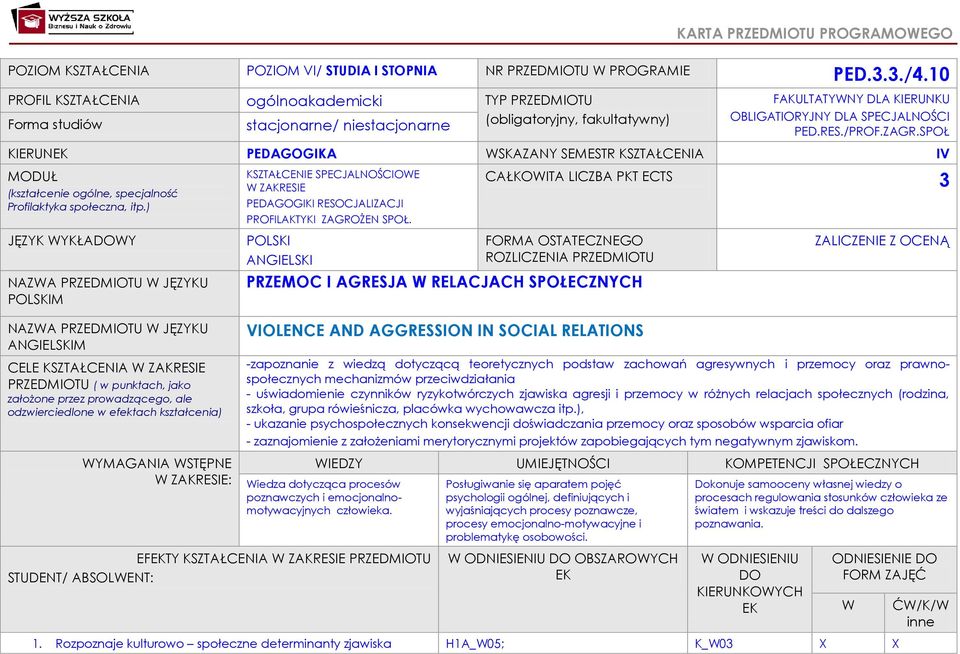 ZAGR.SPOŁ KIERUNEK PEDAGOGIKA WSKAZANY SEMESTR KSZTAŁCENIA IV MODUŁ (kształcenie ogólne, specjalność Profilaktyka społeczna, itp.