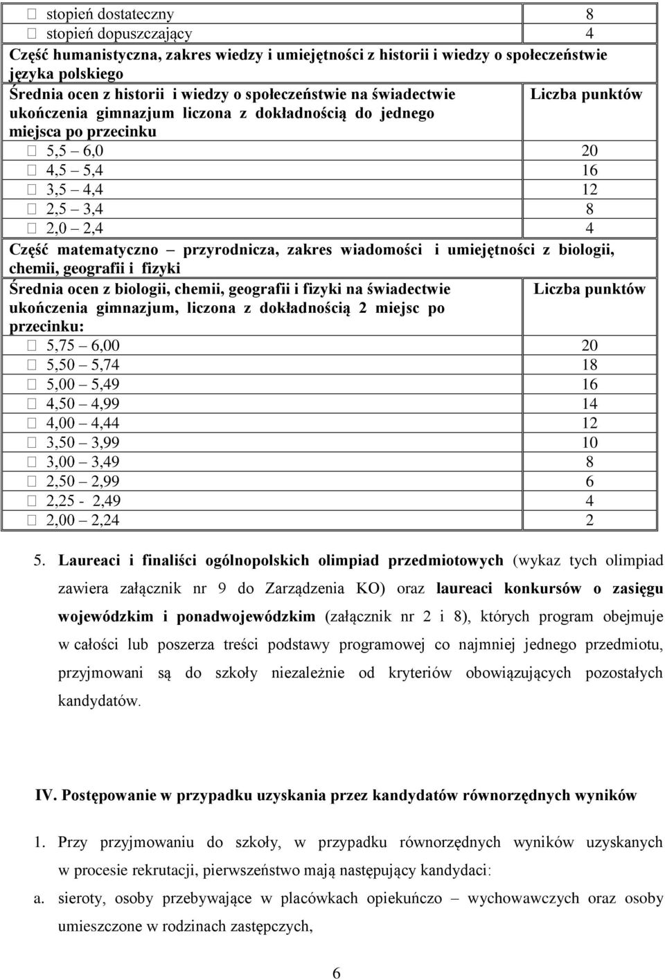 fizyki Średnia ocen z biologii, chemii, geografii i fizyki na świadectwie ukończenia gimnazjum, liczona z dokładnością 2 miejsc po przecinku: Liczba punktów 6,00 20 5,74 18 5,49 16 4,99 14 4,44 12,99