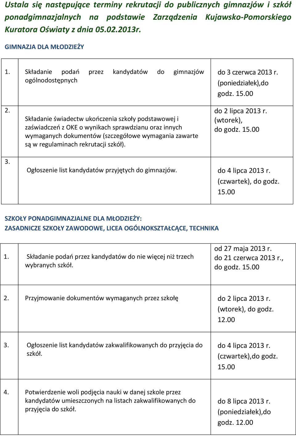 Składanie świadectw ukończenia szkoły podstawowej i zaświadczeń z OKE o wynikach sprawdzianu oraz innych wymaganych dokumentów (szczegółowe wymagania zawarte są w regulaminach rekrutacji szkół).