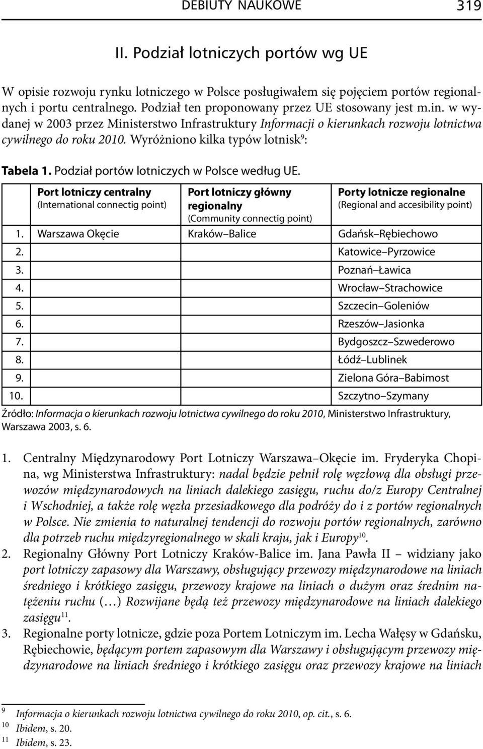 Wyróżniono kilka typów lotnisk 9 : Tabela 1. Podział portów lotniczych w Polsce według UE.