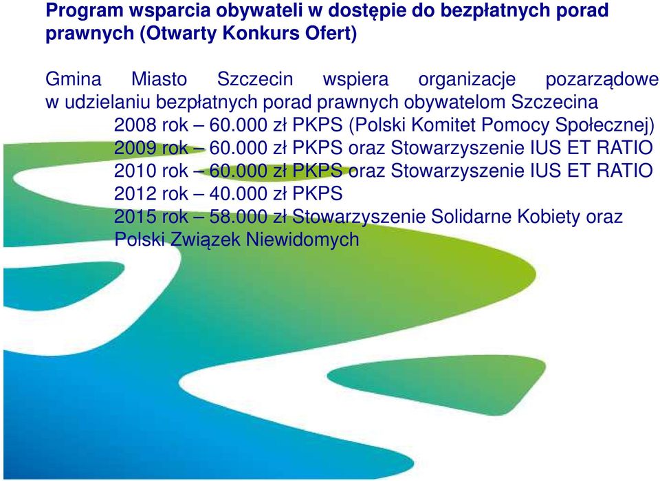 000 zł PKPS (Polski Komitet Pomocy Społecznej) 2009 rok 60.000 zł PKPS oraz Stowarzyszenie IUS ET RATIO 2010 rok 60.
