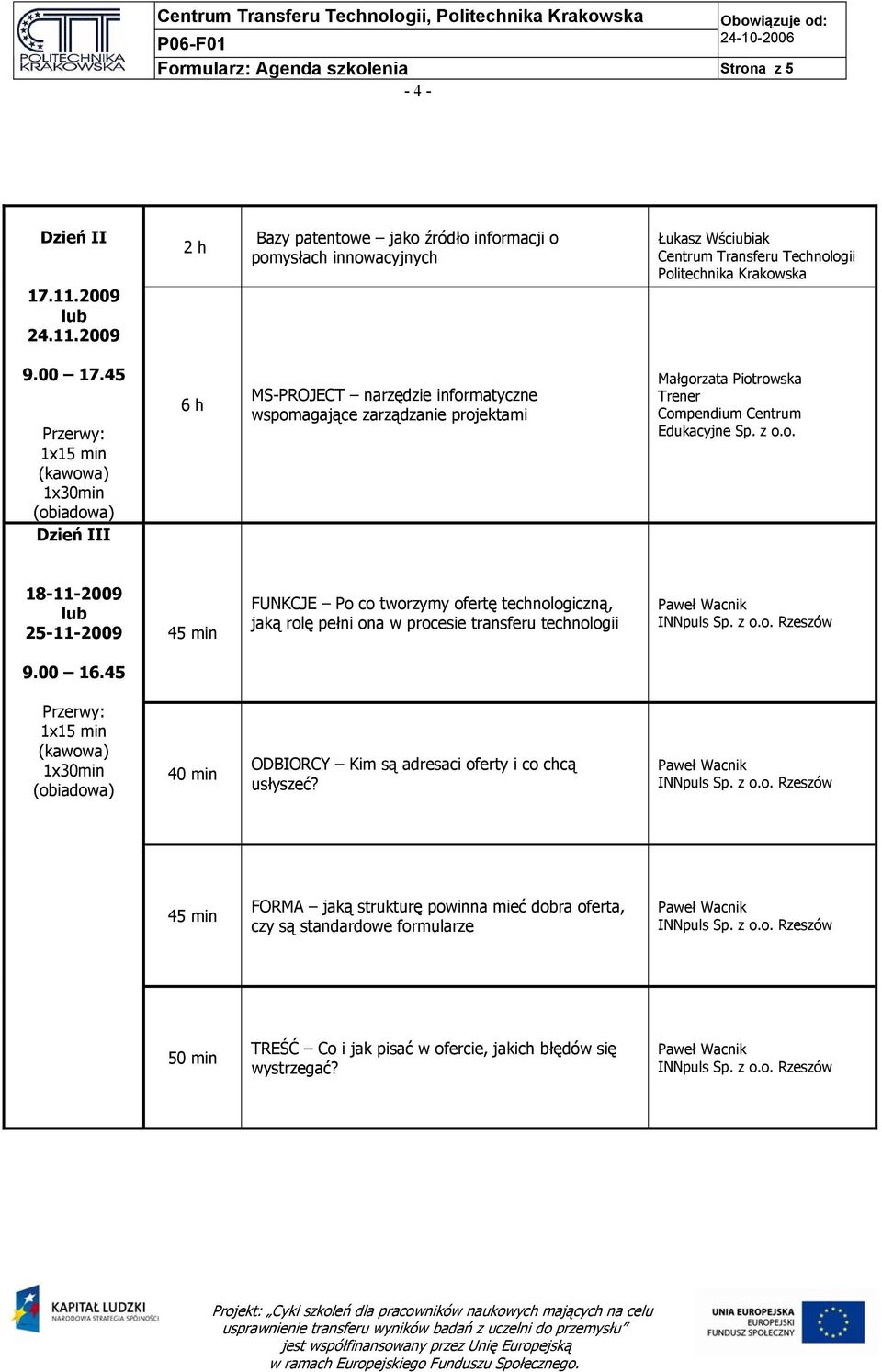 z o.o. 18-11-2009 25-11-2009 FUNKCJE Po co tworzymy ofertę technologiczną, jaką rolę pełni ona w procesie transferu technologii 9.00 16.