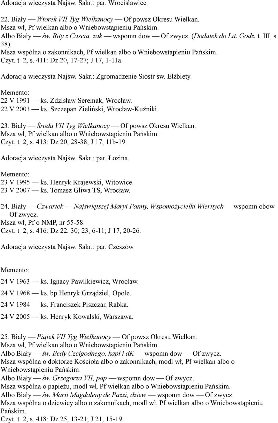 Adoracja wieczysta Najśw. Sakr.: Zgromadzenie Sióstr św. Elżbiety. 22 V 1991 ks. Zdzisław Seremak, Wrocław. 22 V 2003 ks. Szczepan Zieliński, Wrocław-Kuźniki. 23.