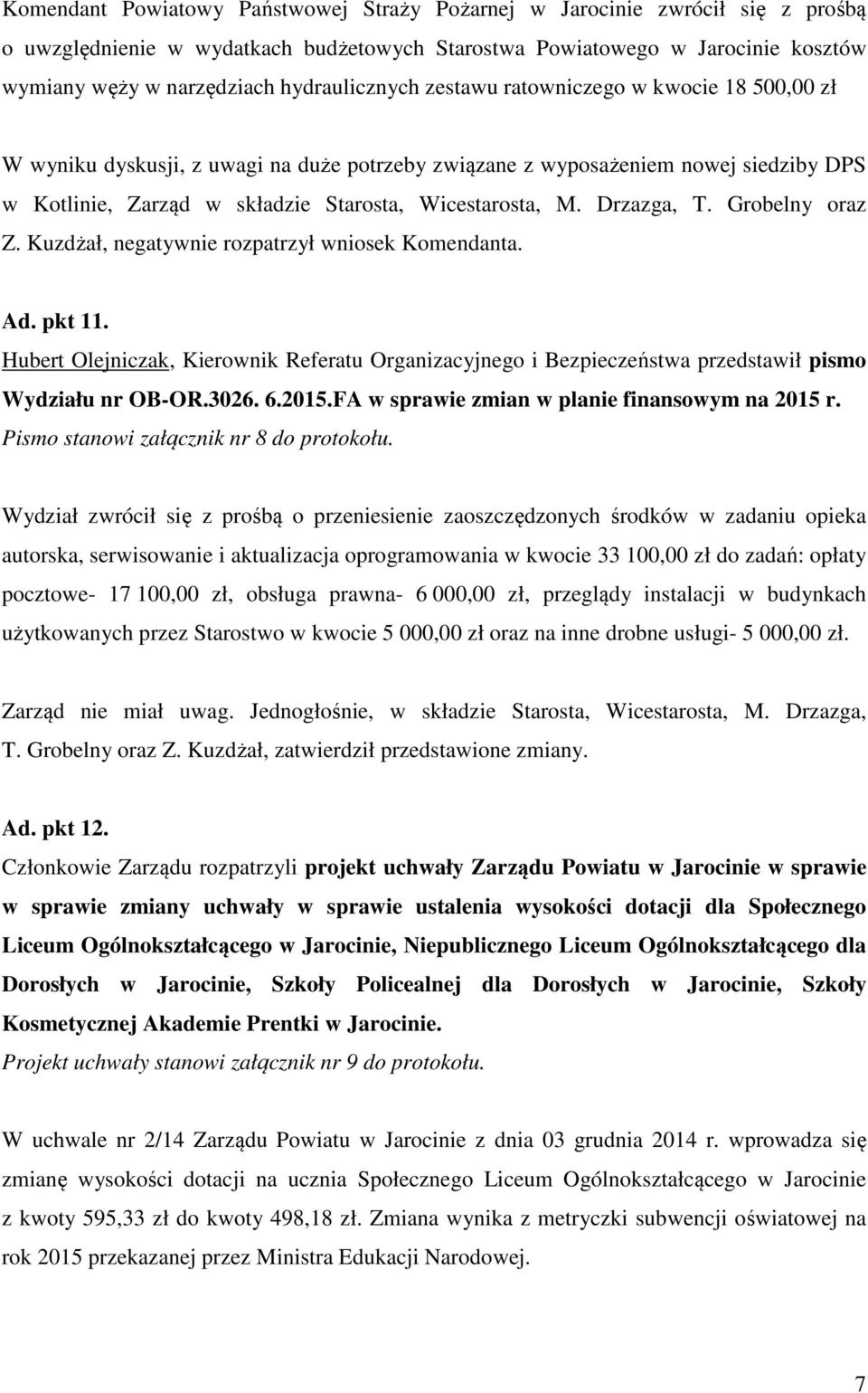 M. Drzazga, T. Grobelny oraz Z. Kuzdżał, negatywnie rozpatrzył wniosek Komendanta. Ad. pkt 11.