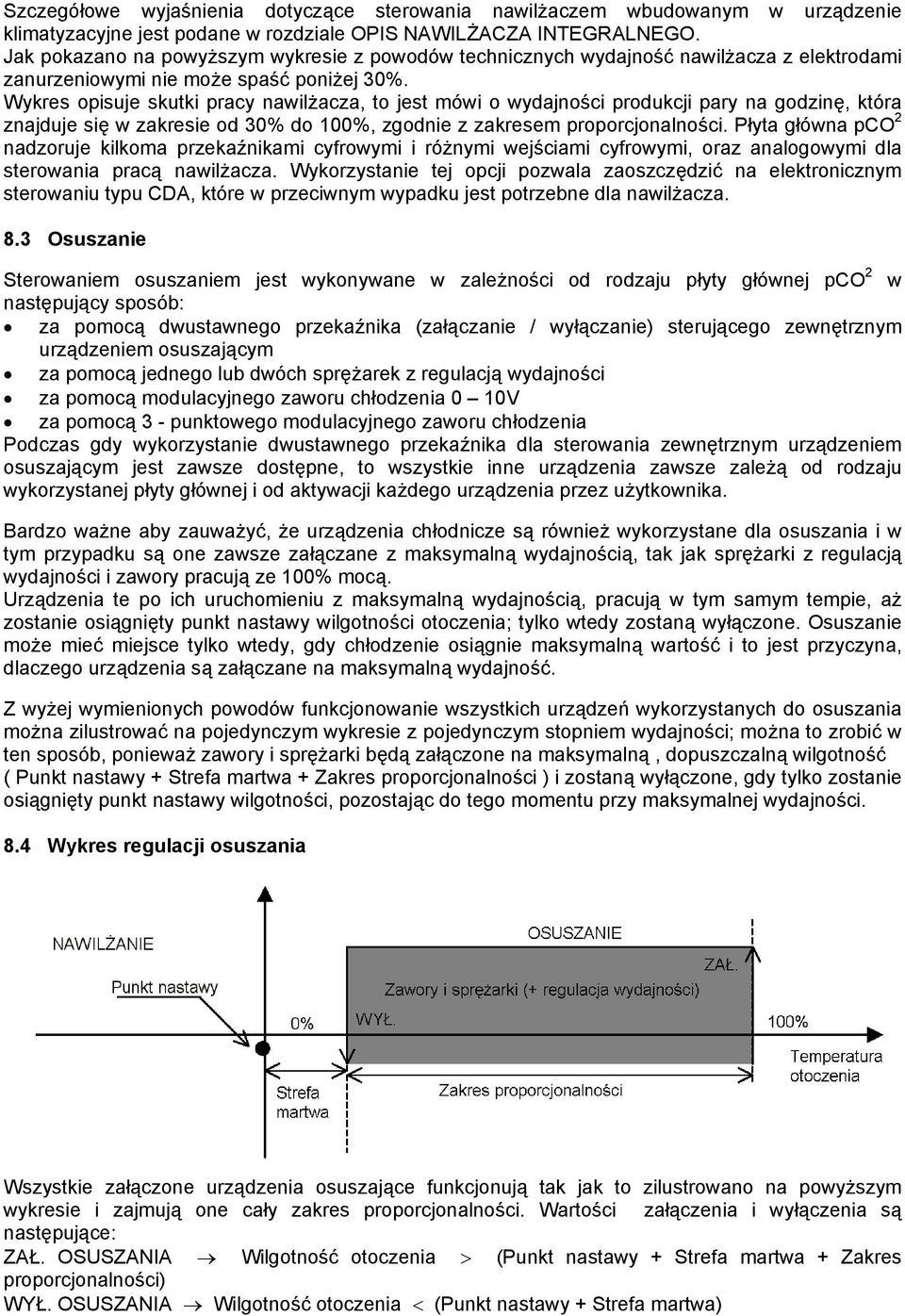 Wykres opisuje skutki pracy nawilżacza, to jest mówi o wydajności produkcji pary na godzinę, która znajduje się w zakresie od 30% do 100%, zgodnie z zakresem proporcjonalności.