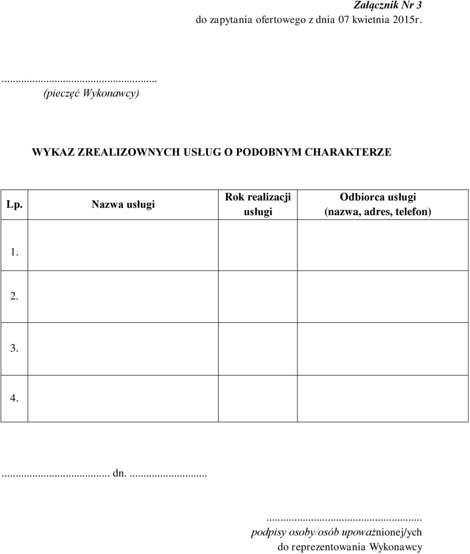 Nazwa usługi Rok realizacji usługi Odbiorca usługi (nazwa, adres, telefon) 1.