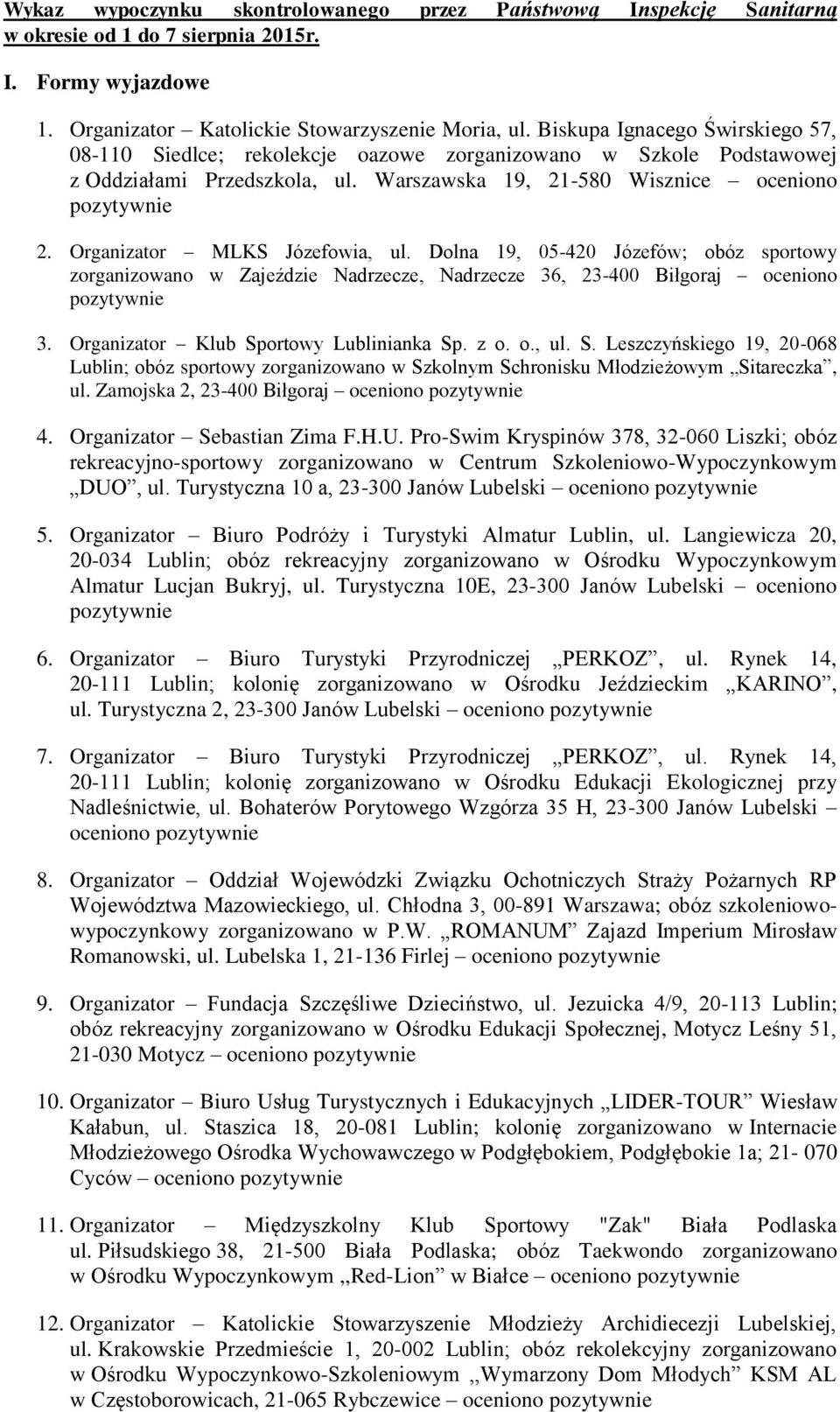 Organizator MLKS Józefowia, ul. Dolna 19, 05-420 Józefów; obóz sportowy zorganizowano w Zajeździe Nadrzecze, Nadrzecze 36, 23-400 Biłgoraj oceniono 3. Organizator Klub Sp