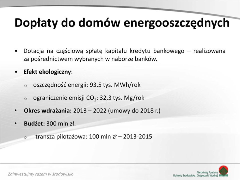 Efekt eklgiczny: szczędnść energii: 93,5 tys. MWh/rk graniczenie emisji CO 2 : 32,3 tys.