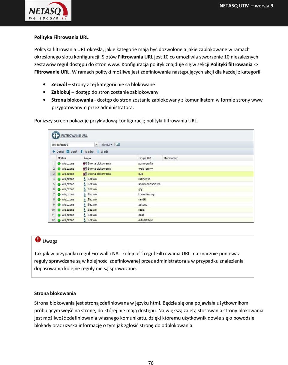 W ramach polityki możliwe jest zdefiniowanie następujących akcji dla każdej z kategorii: Zezwól strony z tej kategorii nie są blokowane Zablokuj dostęp do stron zostanie zablokowany Strona blokowania