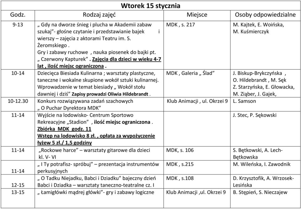 10-14 Dziecięca Biesiada Kulinarna ; warsztaty plastyczne, taneczne i wokalne skupione wokół sztuki kulinarnej.