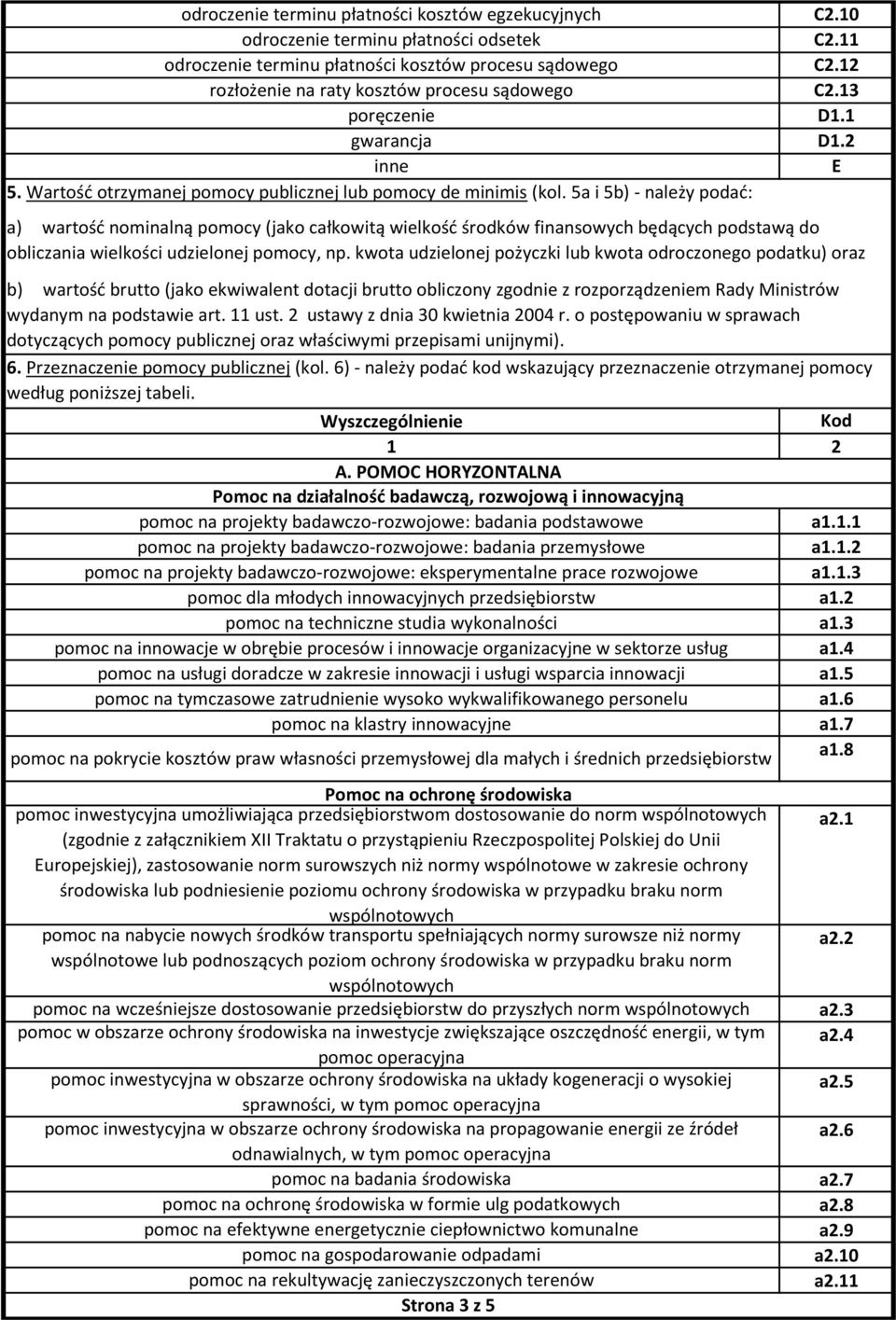 5a i 5b) - należy podać: a) wartość nominalną pomocy (jako całkowitą wielkość środków finansowych będących podstawą do obliczania wielkości udzielonej pomocy, np.