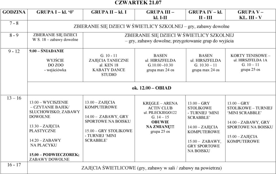 00 ZABAWY, GRY SPORTOWE 15.00 GRY STOLIKOWE - TURNIEJ MINI SCRABBLE KRĘGLE ARENA ACTIV CLUB ul. PILECKIEGO122 G. 14 15 OBUWIE NA ZMIANĘ!!! 13.