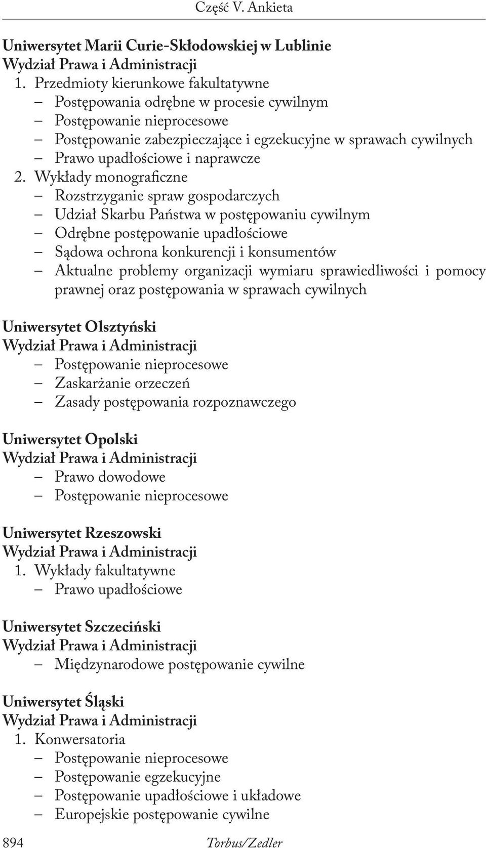 Wykłady monograficzne Rozstrzyganie spraw gospodarczych Udział Skarbu Państwa w postępowaniu cywilnym Odrębne postępowanie upadłościowe Sądowa ochrona konkurencji i konsumentów Aktualne problemy